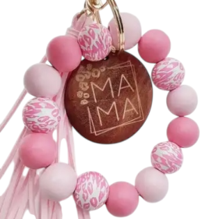 MAMA Wooden Leopard Print Keychain with Tassel - Pink