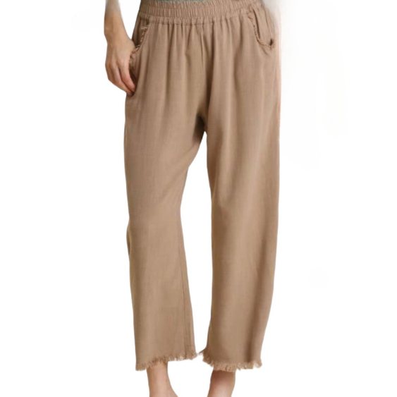 Linen Blend Frayed Hem Wide Leg Pants