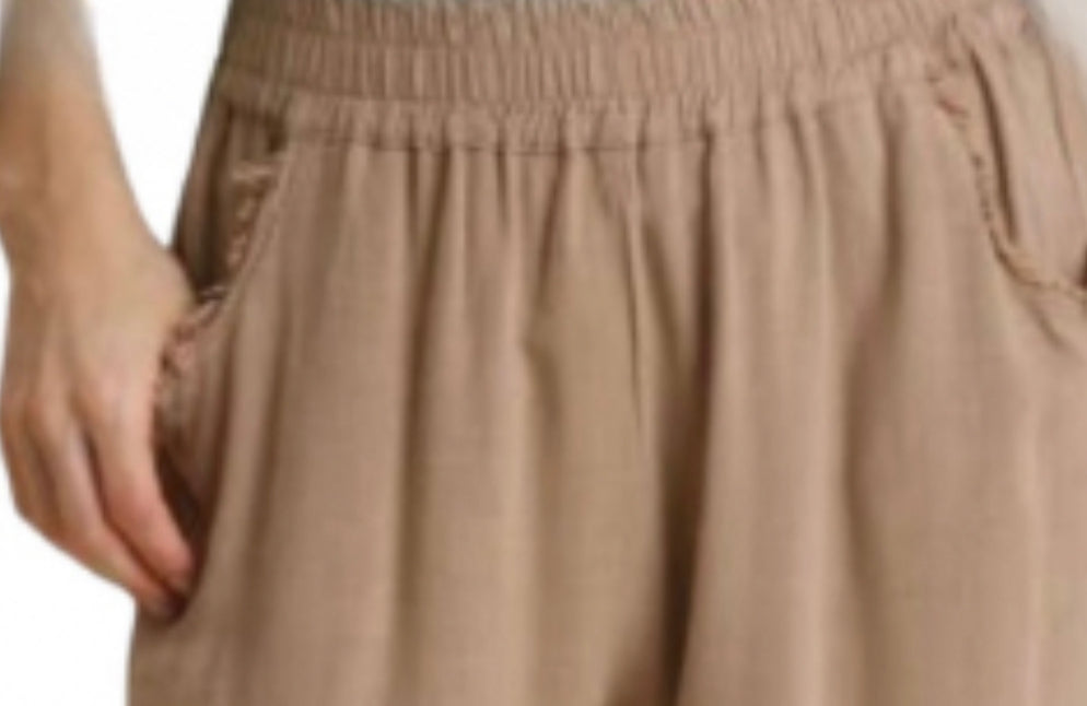Linen Blend Frayed Hem Wide Leg Pants