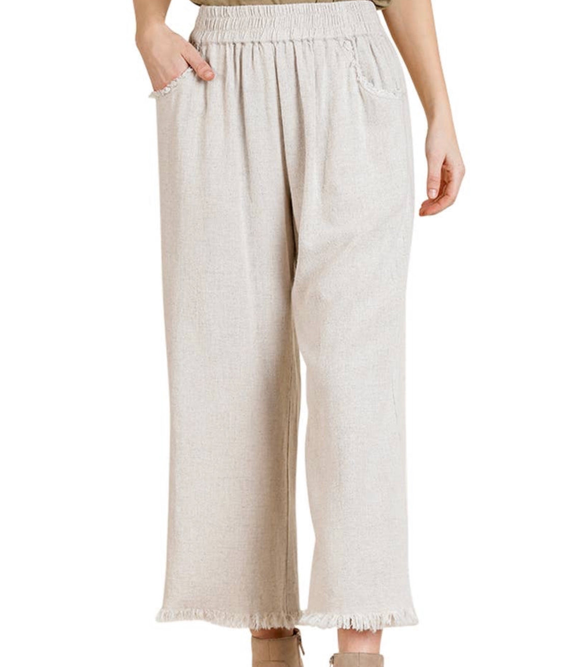 Linen Blend Frayed Hem Wide Leg Pants