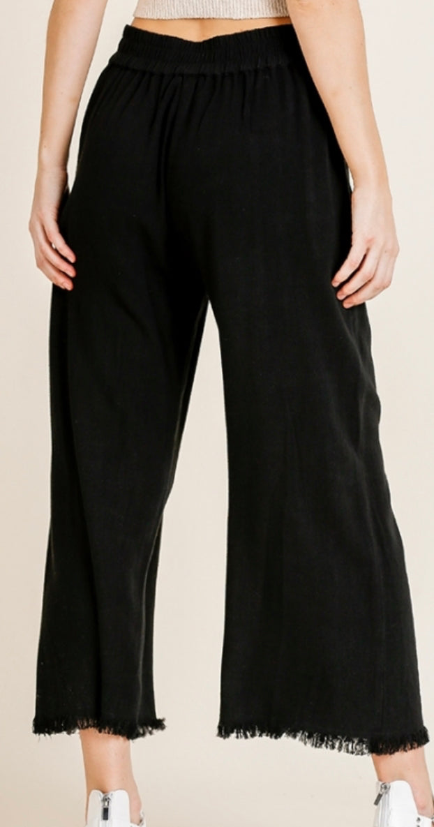 Linen Blend Frayed Hem Wide Leg Pants