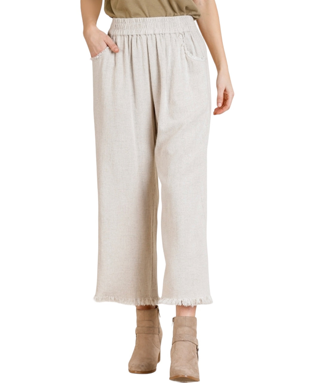 Linen Blend Frayed Hem Wide Leg Pants